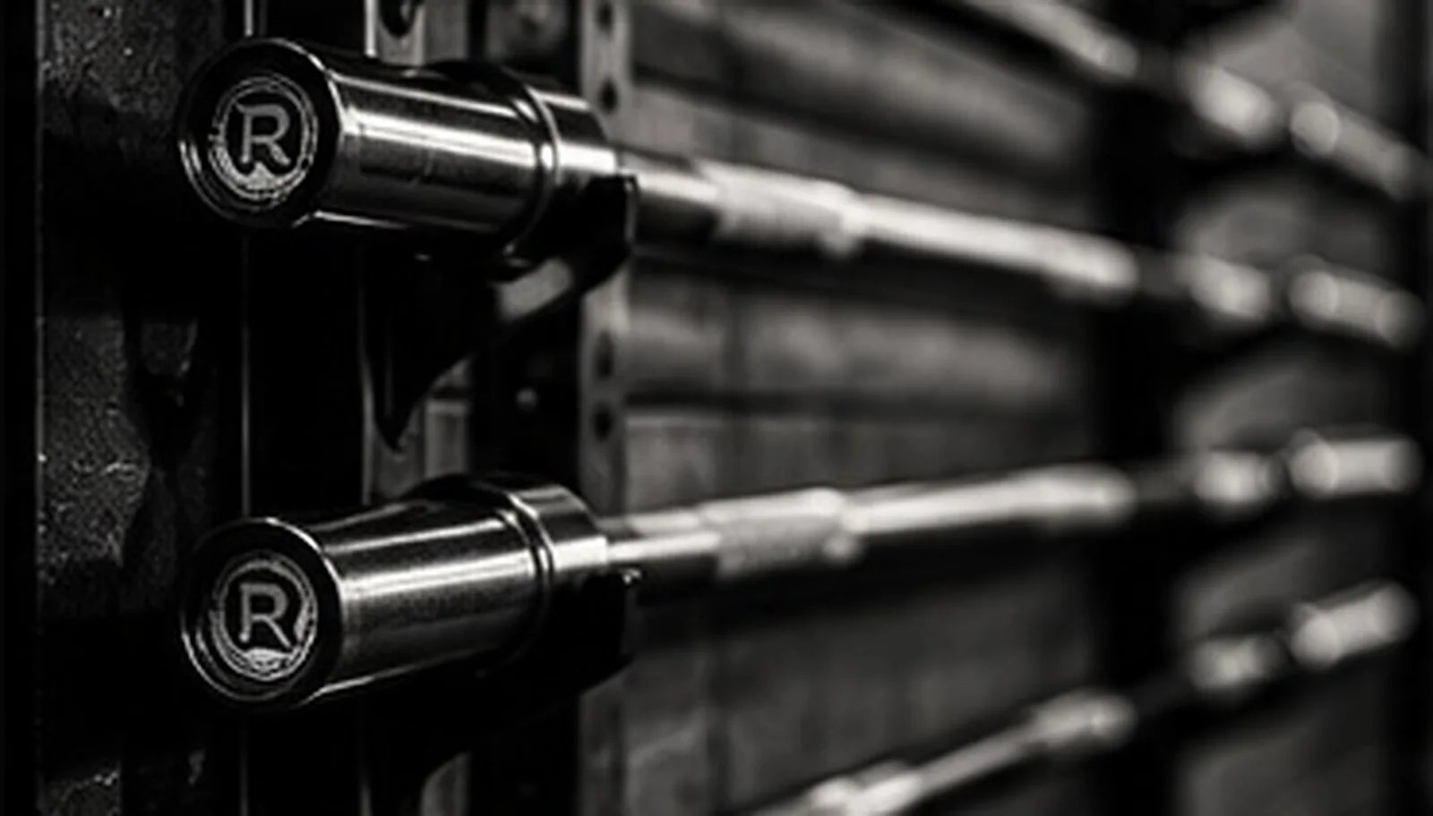 Barbells racked on a wall storage system