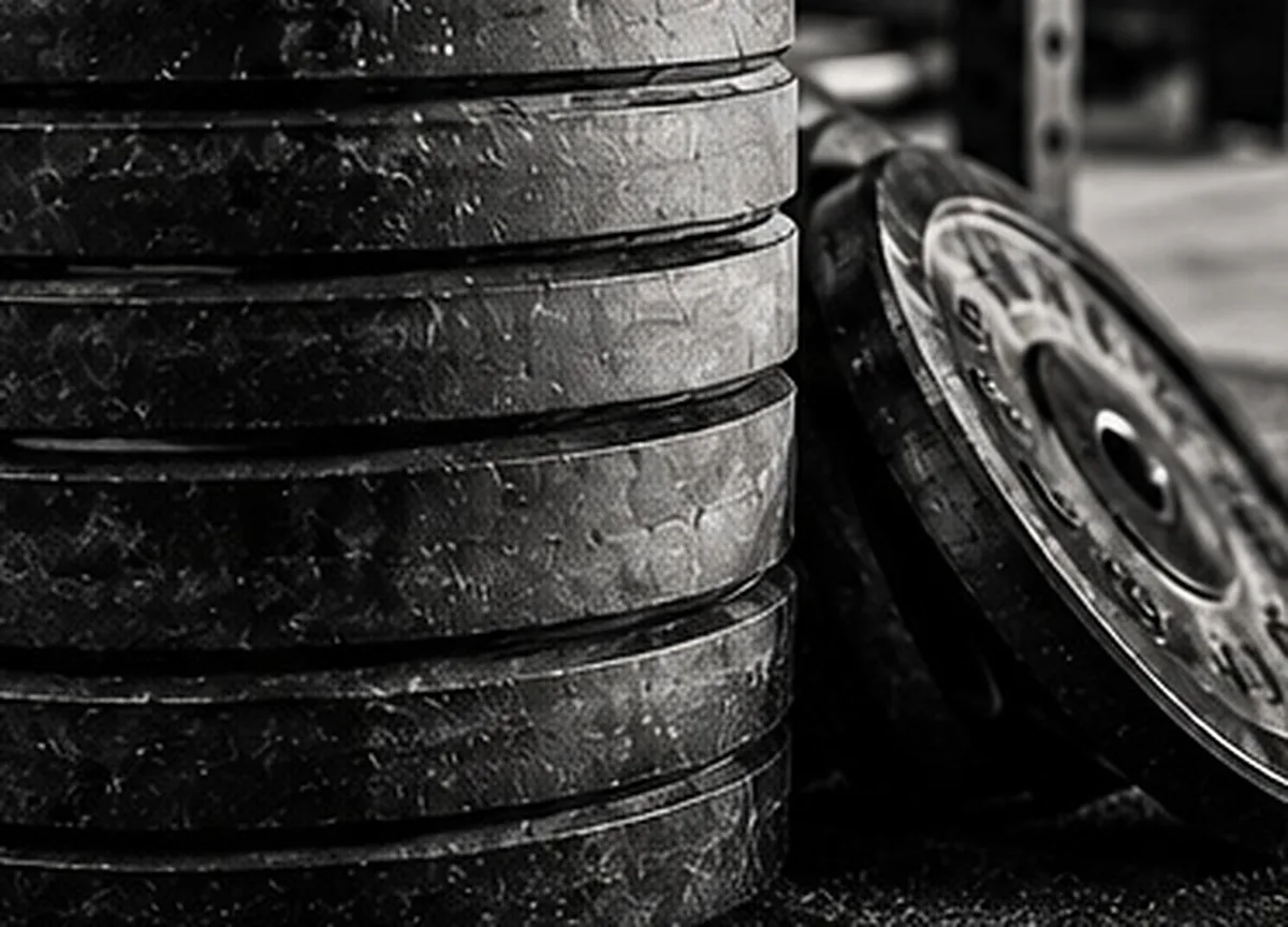 Stacked bumper plates on the gym floor